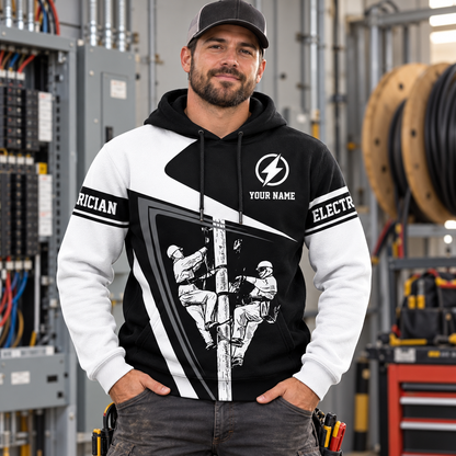 Personalized electrician hoodie featuring black white lineman all-over print, worn by a model