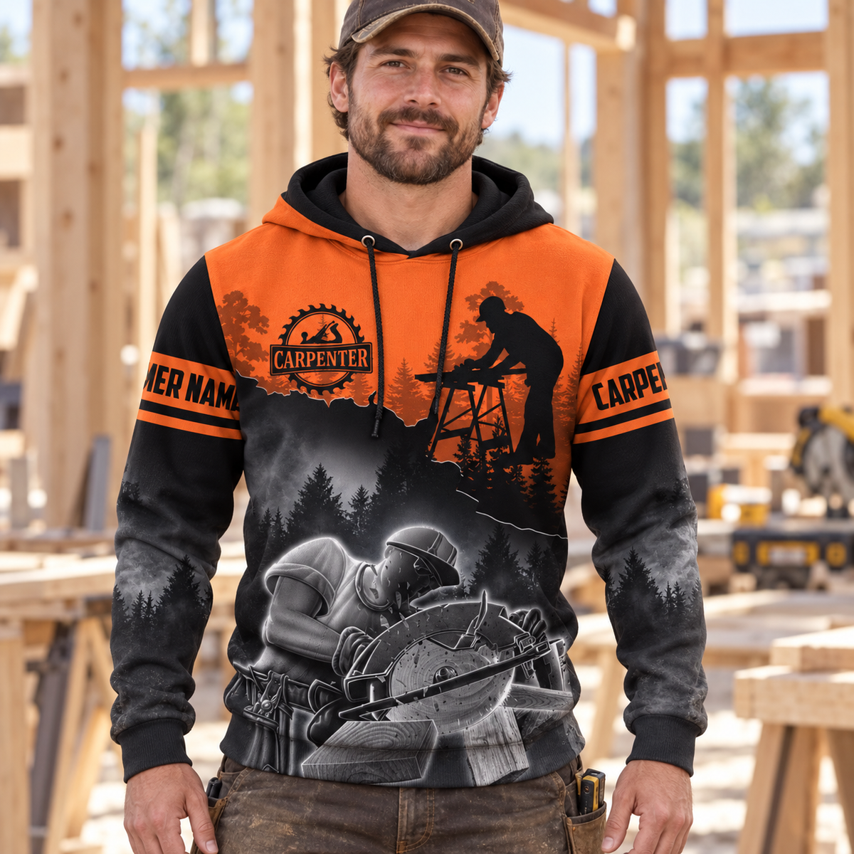 Personalized carpenter hoodie featuring orange black workshop scene all-over print, worn by a model