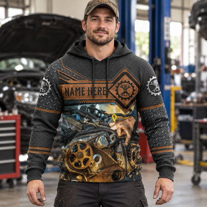 Personalized mechanic hoodie featuring engine repair print all-over print, worn by a model
