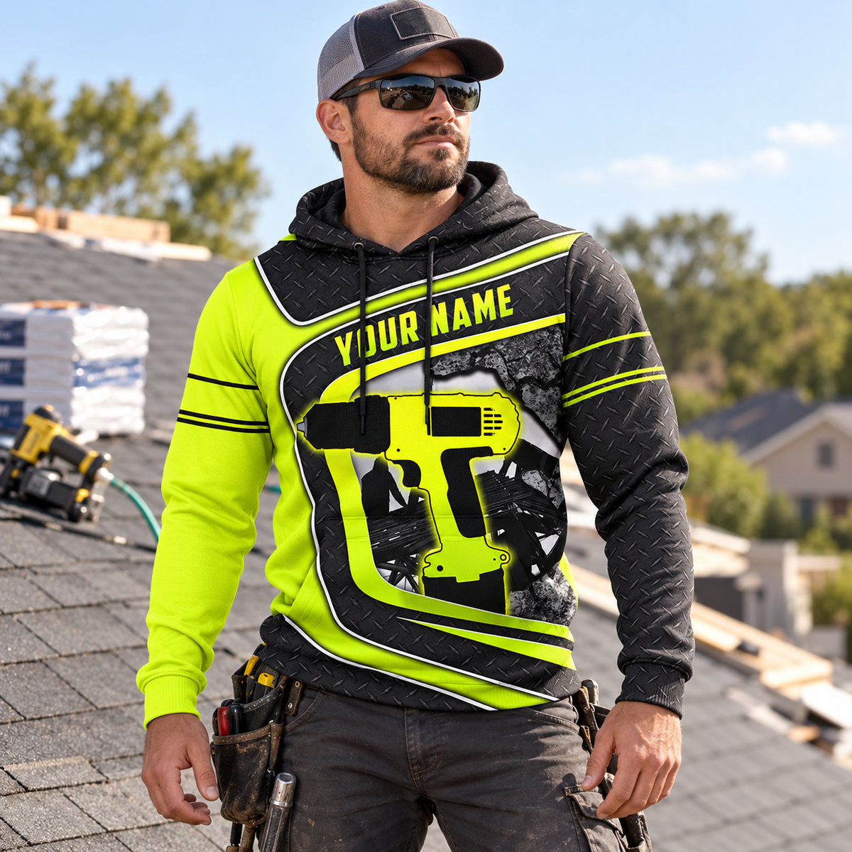 Personalized roofer hoodie featuring neon yellow drill and roof frame all-over print, worn by a model