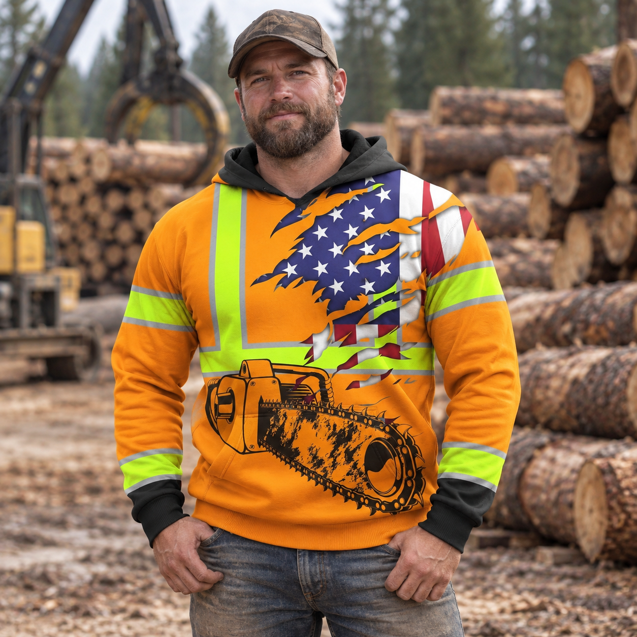 Personalized logger hoodie featuring orange american flag chainsaw all-over print, worn by a model