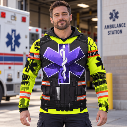 Personalized EMS paramedic hoodie featuring purple star of life vest print all-over print, worn by a model