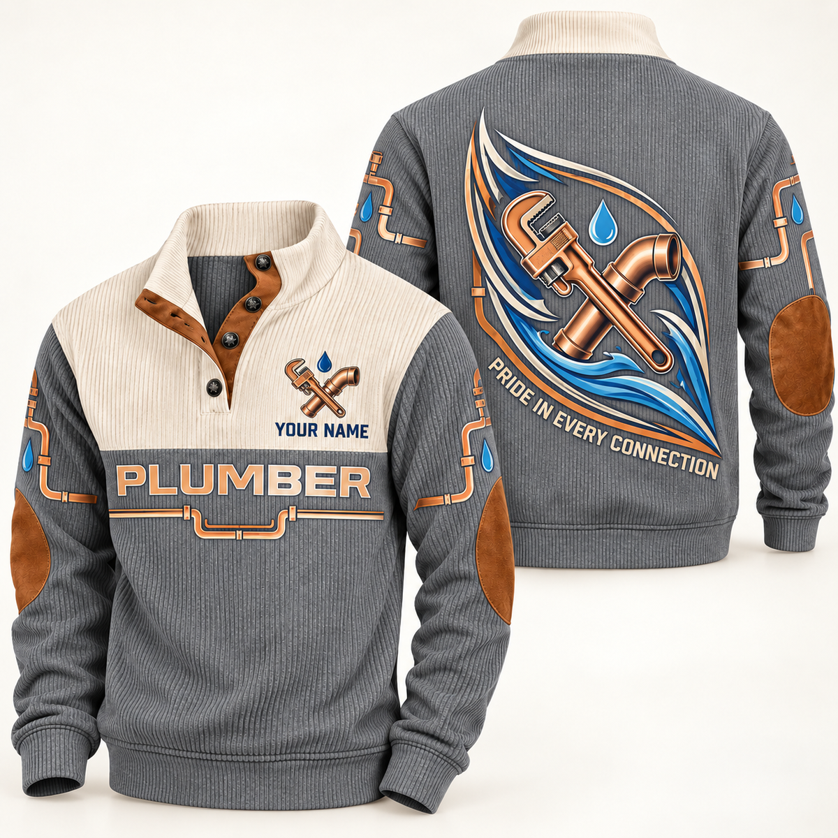 Personalized Plumber Sports Sweatshirt - Heritage Collar - Grey