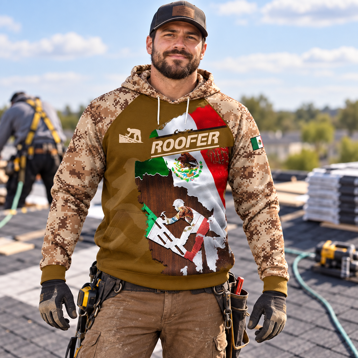 Roofer hoodie featuring Mexican flag skull and camouflage all-over print, worn by a model
