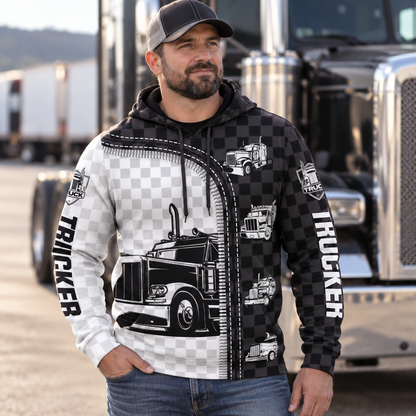 Personalized trucker hoodie featuring black white checkered semi truck all-over print, worn by a model
