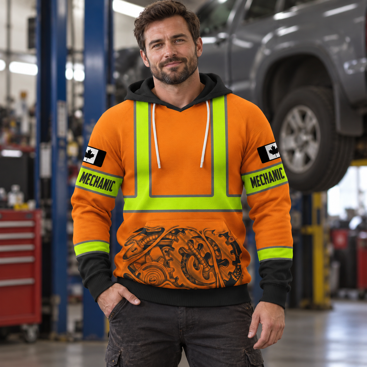 Personalized mechanic hoodie featuring orange vest print engine all-over print, worn by a model