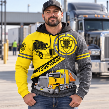 Personalized trucker hoodie featuring yellow semi truck print all-over print, worn by a model