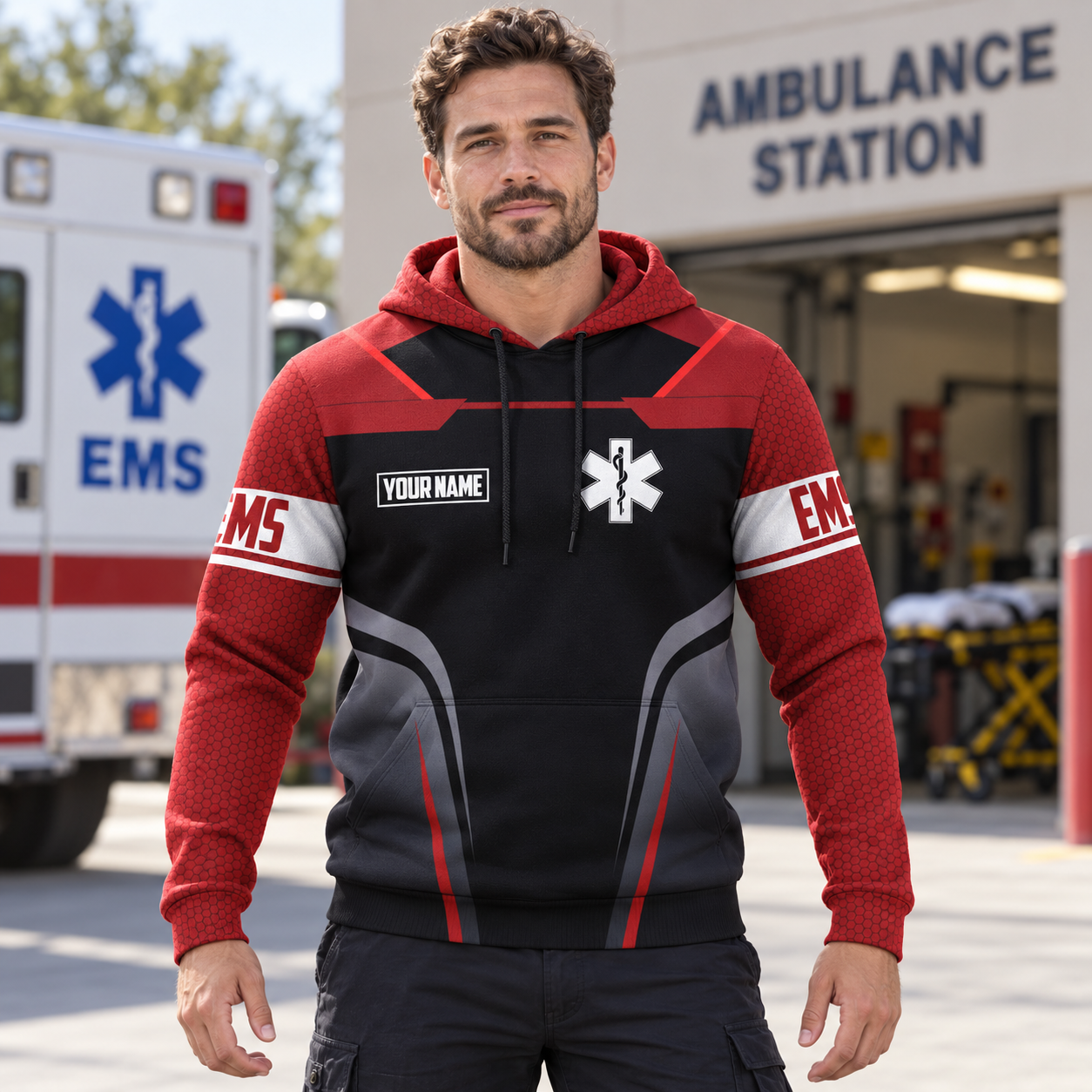 Personalized EMS paramedic hoodie featuring red and black ems emblem all-over print, worn by a model