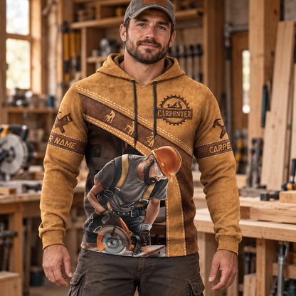 Personalized carpenter hoodie featuring tan carpenter using circular saw all-over print, worn by a model