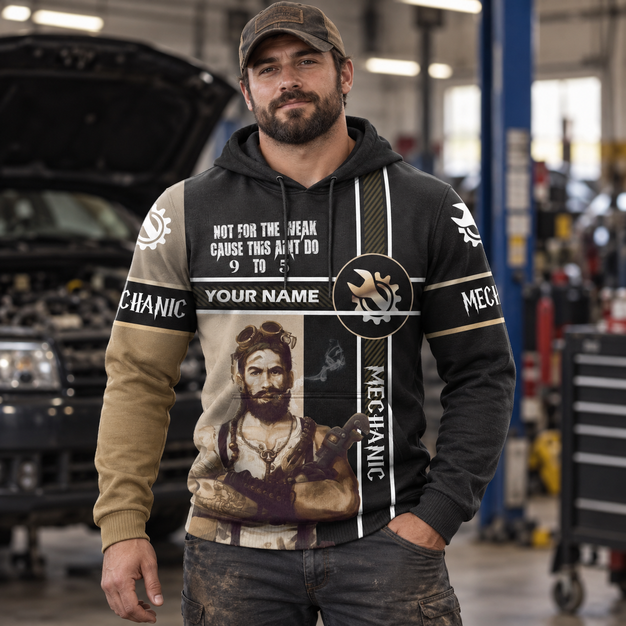 Personalized mechanic hoodie featuring black tan jesus portrait all-over print, worn by a model