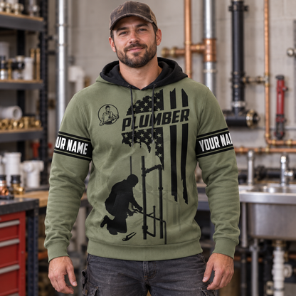 Personalized plumber hoodie featuring olive green american flag plumber all-over print, worn by a model