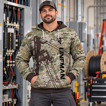 Personalized electrician hoodie featuring lineman american flag all-over print, worn by a model