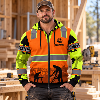Personalized carpenter hoodie featuring orange vest print and workshop scene all-over print, worn by a model