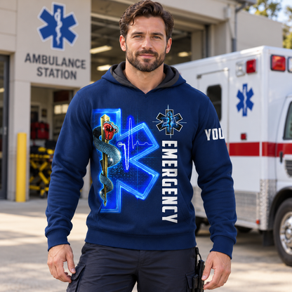 Personalized EMS paramedic hoodie featuring blue emergency snake print all-over print, worn by a model