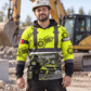 Personalized concrete cutter hoodie featuring yellow gear print heavy equipment all-over print, worn by a model