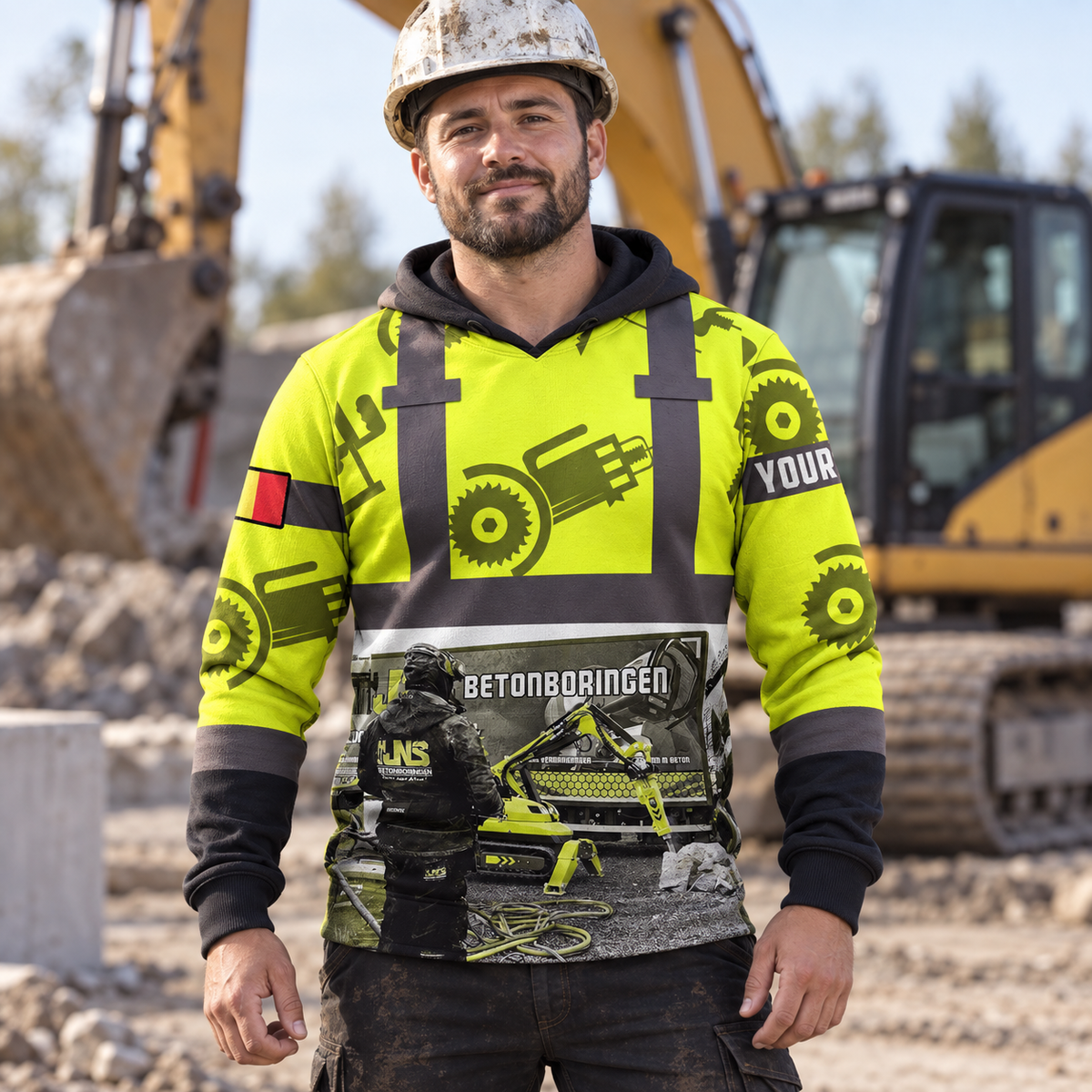 Personalized concrete cutter hoodie featuring yellow gear print heavy equipment all-over print, worn by a model