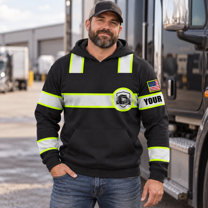 Personalized trucker hoodie featuring black yellow stripe trucker badge all-over print, worn by a model