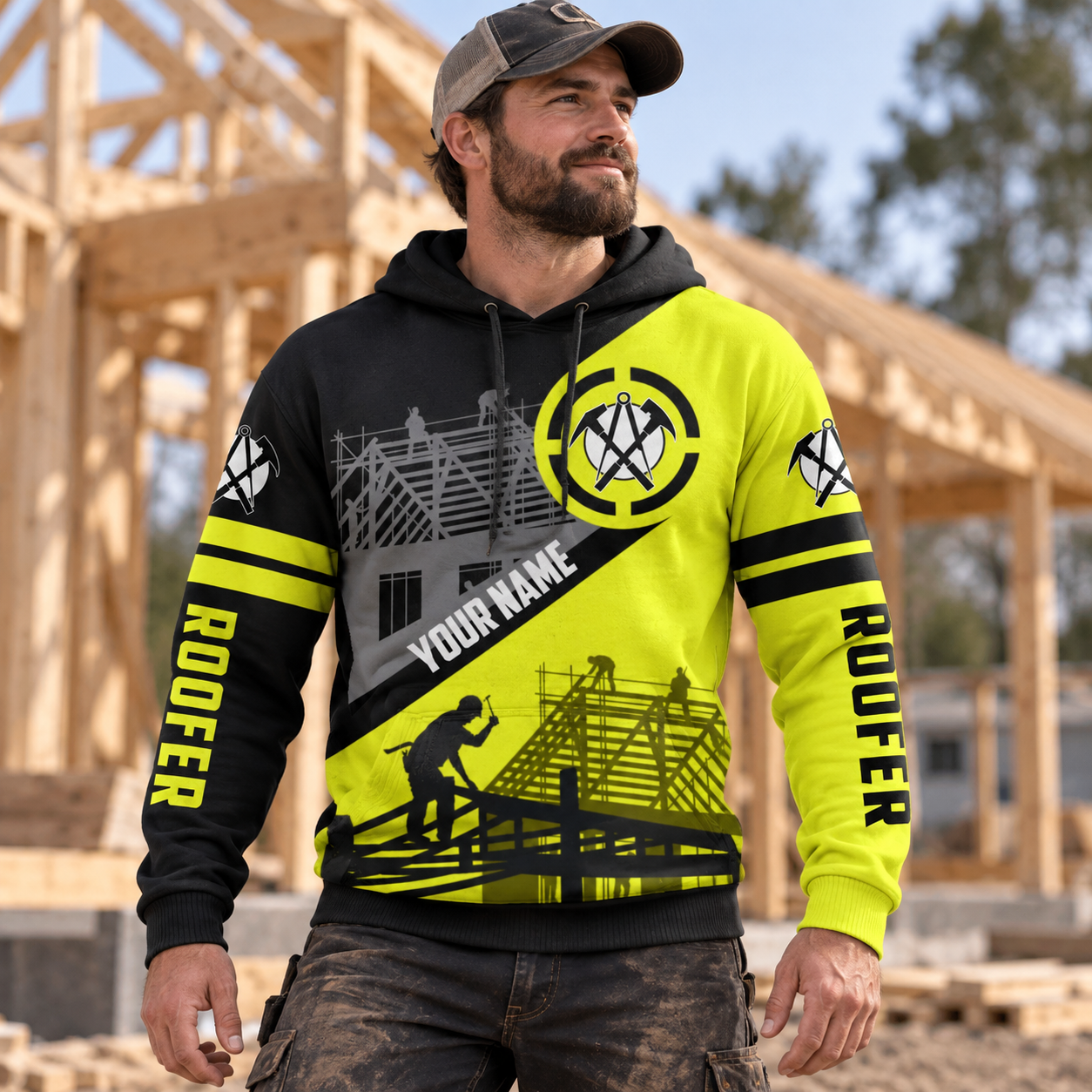Roofer hoodie featuring black neon yellow roof frame diagonal print all-over print, worn by a model