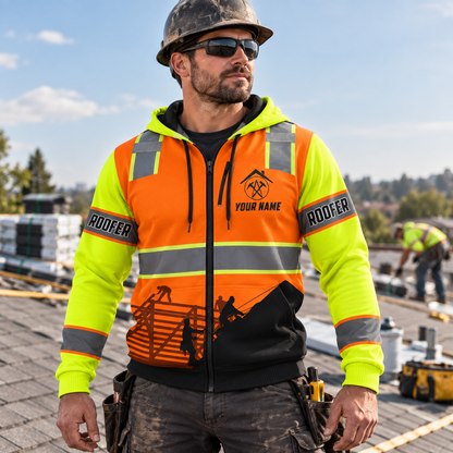 Personalized roofer hoodie featuring orange vest print and roofer silhouette all-over print, worn by a model