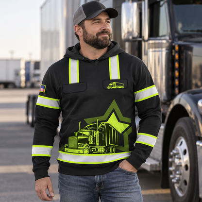 Personalized trucker hoodie featuring black yellow stripe dump truck all-over print, worn by a model