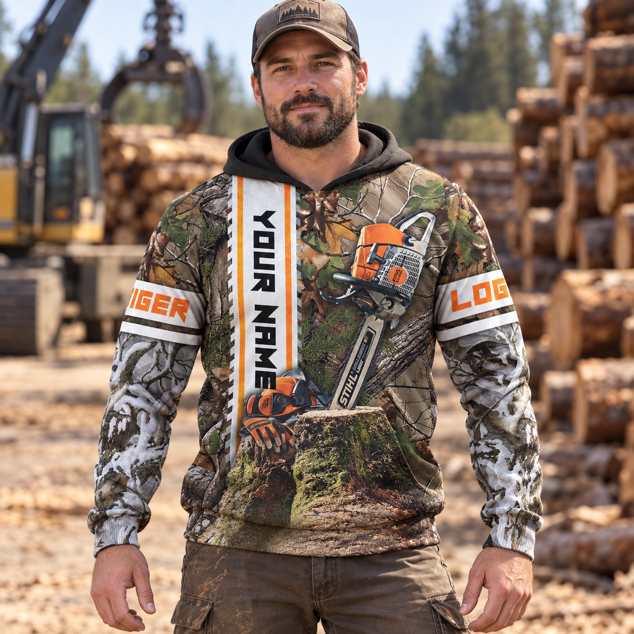 Personalized logger hoodie featuring woodland camo chainsaw all-over print, worn by a model