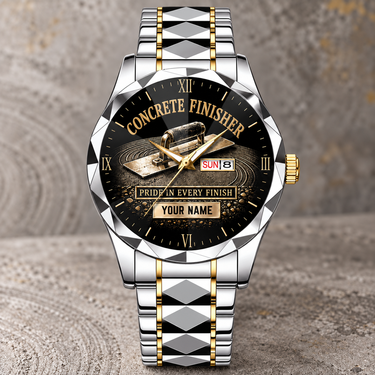 Personalized Concrete Finisher Crystal Metal Watch - Faceted Legacy - Silver Gold Chain