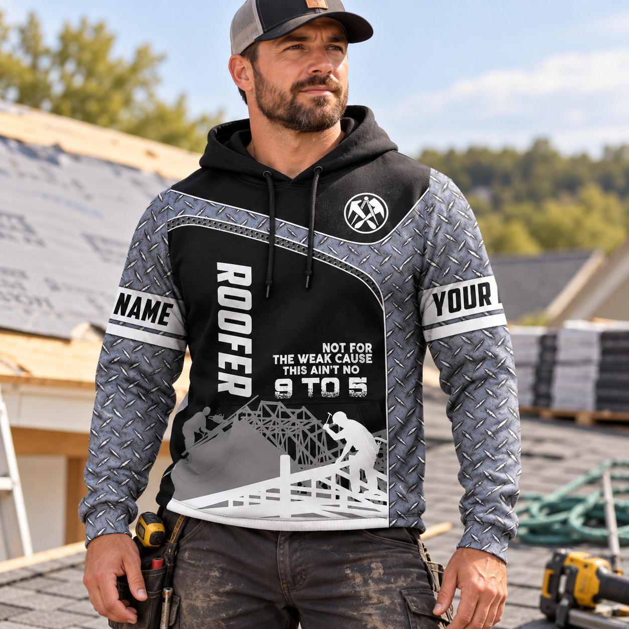 Personalized roofer hoodie featuring grey steel plate and roof frame all-over print, worn by a model