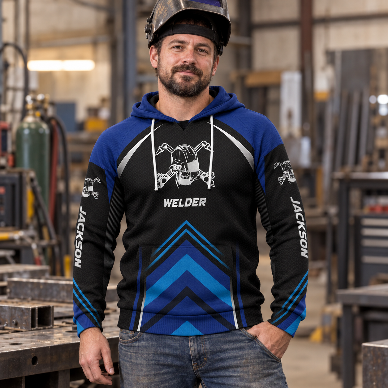 Personalized welder hoodie featuring blue chevron welding helmet badge all-over print, worn by a model