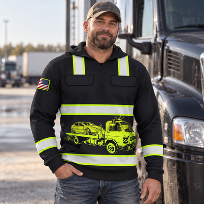 Personalized trucker hoodie featuring black yellow stripe tanker truck all-over print, worn by a model