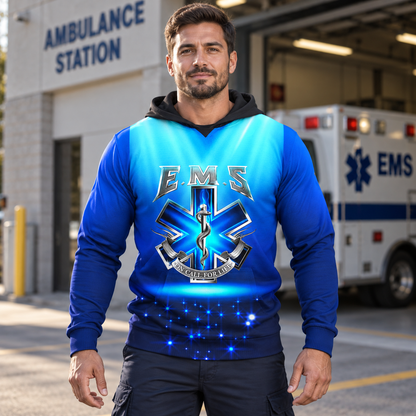 Personalized EMS paramedic hoodie featuring blue ems on call for life all-over print, worn by a model