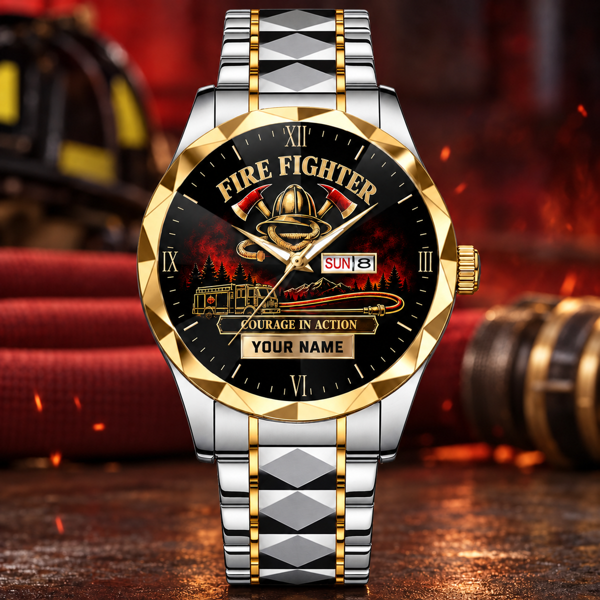 Personalized Fire Fighter Crystal Metal Watch - Faceted Legacy - Silver Gold