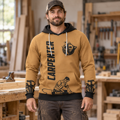 Personalized carpenter hoodie featuring tan carpenter lettering all-over print, worn by a model