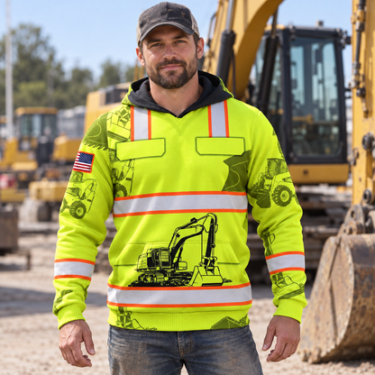 Personalized excavator operator hoodie featuring yellow excavator vest print all-over print, worn by a model