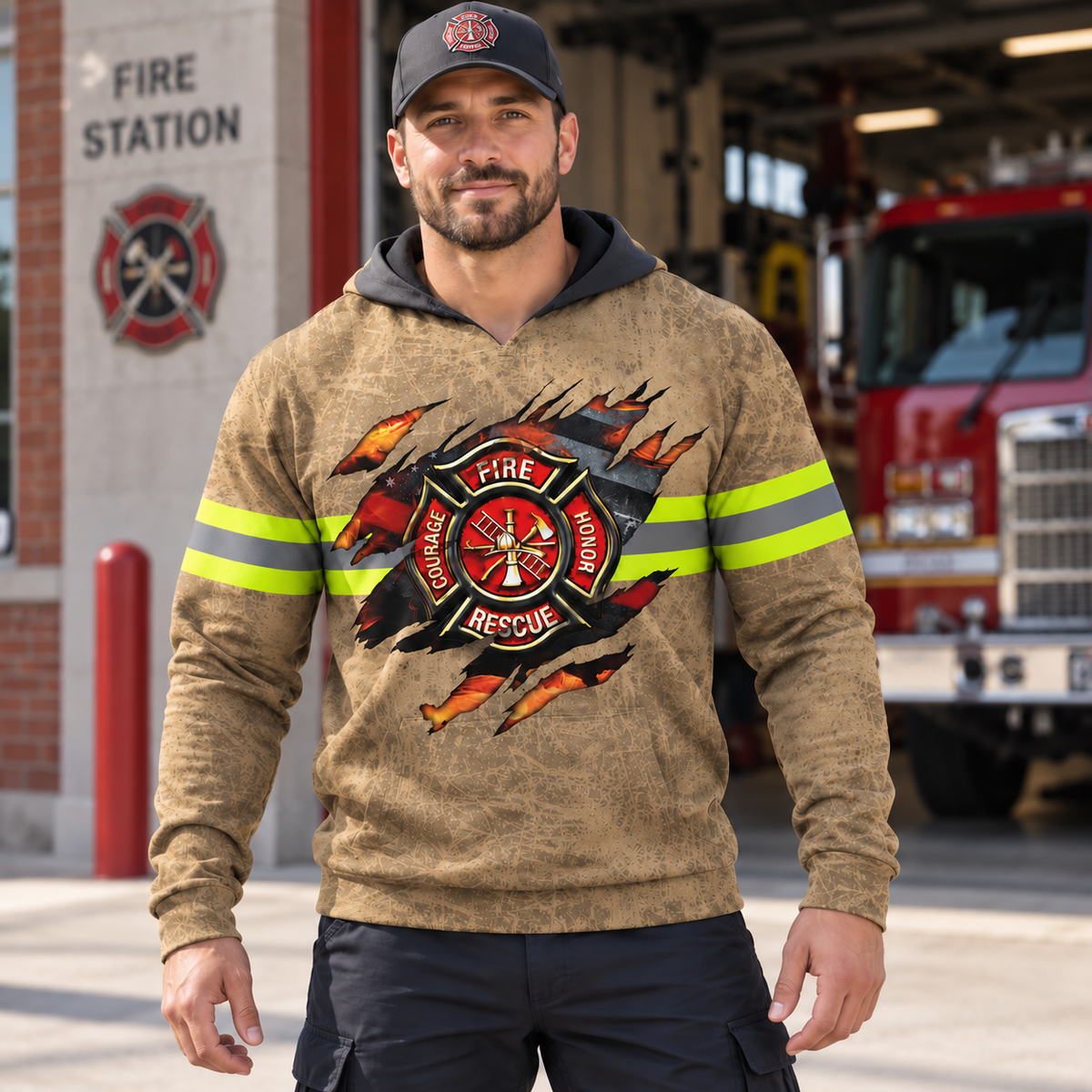 Personalized firefighter hoodie featuring tan fire rescue claw print all-over print, worn by a model