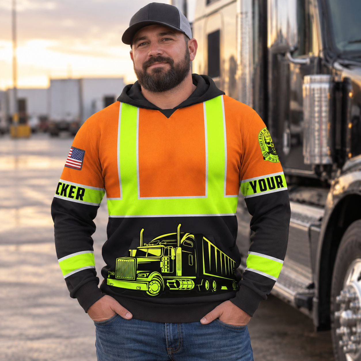 Personalized trucker hoodie featuring orange black stripe semi truck all-over print, worn by a model
