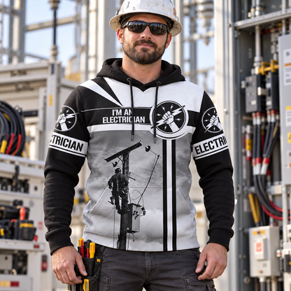 Personalized electrician hoodie featuring black white lineman and sunset powerlines all-over print, worn by a model