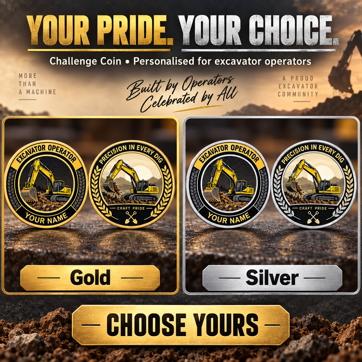 Personalized Excavator Operator Challenge Coin - Heritage Tribute - advertising image