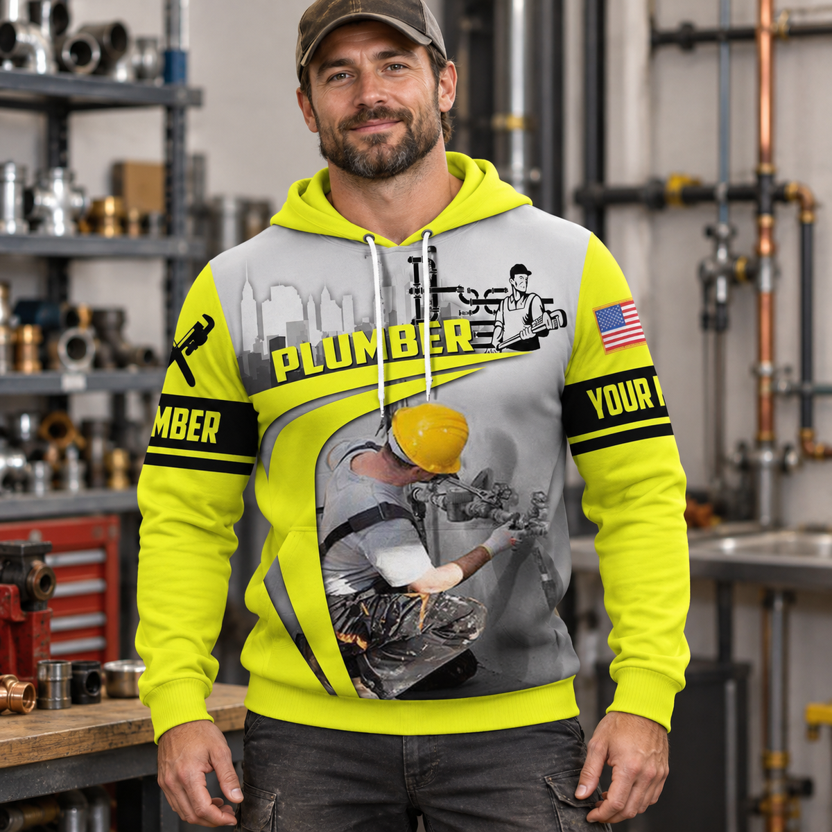 Personalized plumber hoodie featuring yellow grey pipe repair illustration all-over print, worn by a model