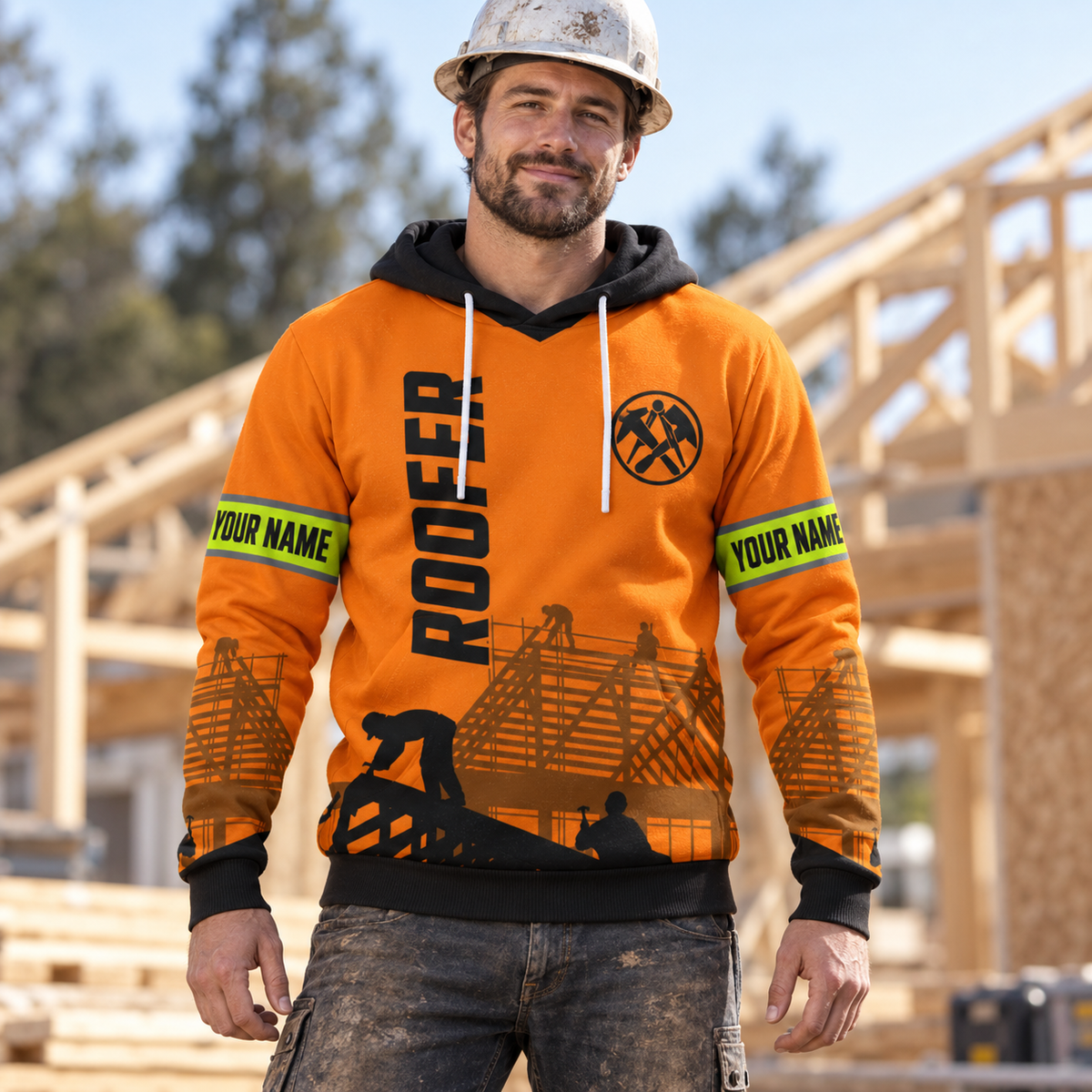 Roofer hoodie featuring orange roofer silhouette all-over print, worn by a model