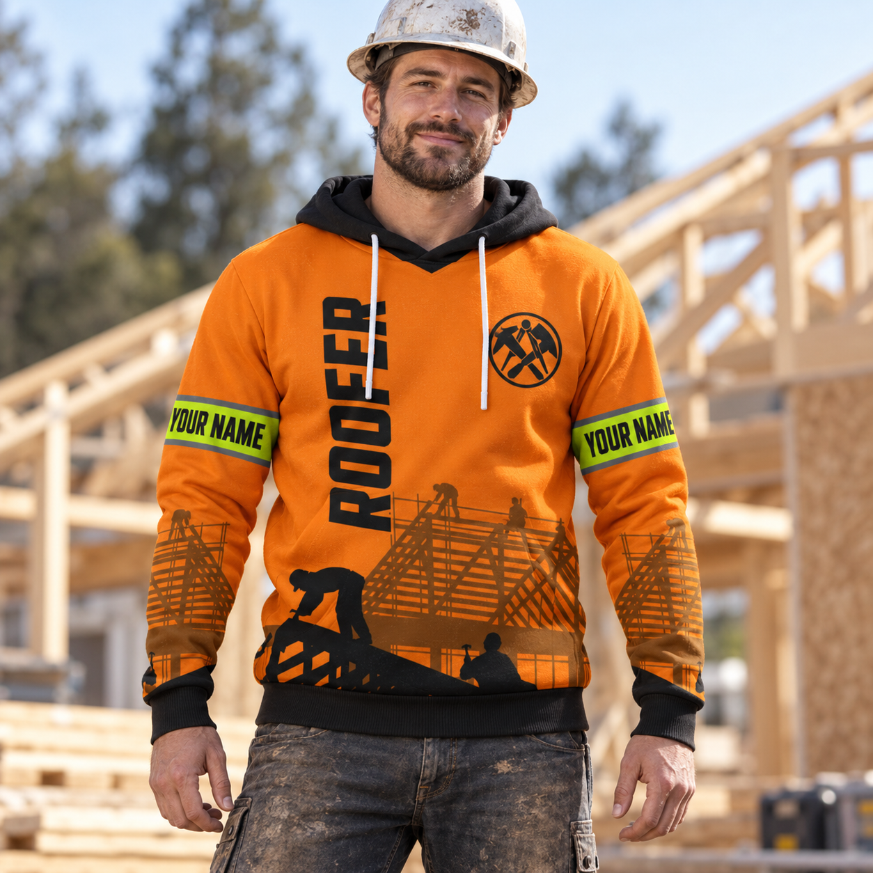 Roofer hoodie featuring orange roofer silhouette all-over print, worn by a model