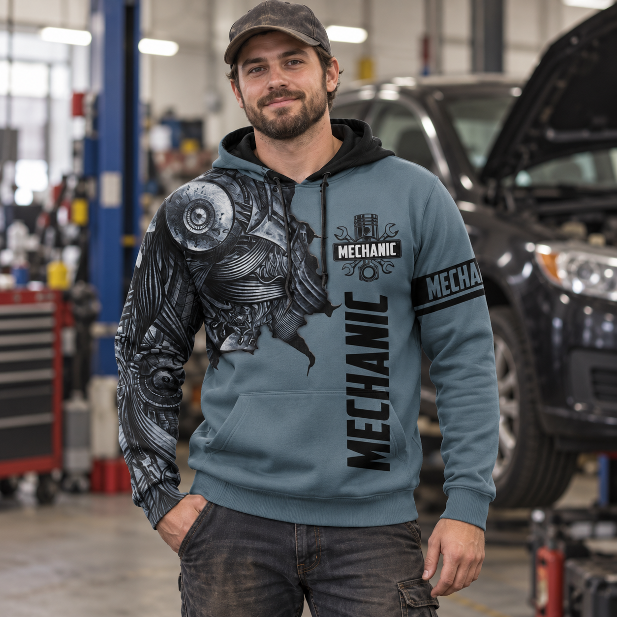 Personalized mechanic hoodie featuring grey mechanical skull all-over print, worn by a model