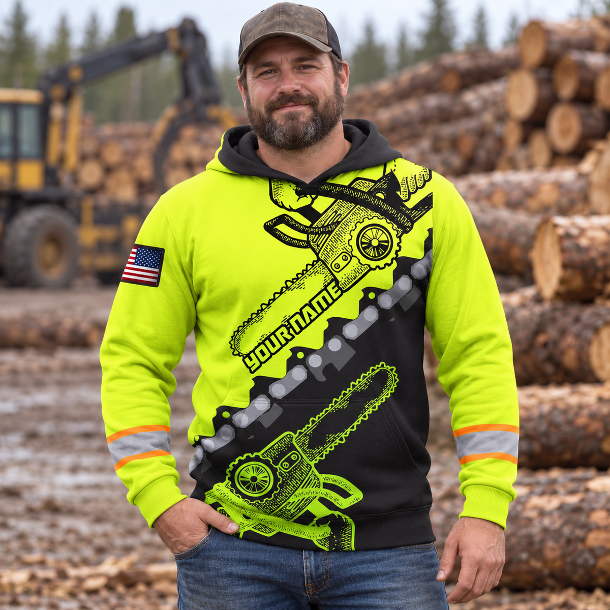 Personalized logger hoodie featuring neon yellow black chainsaw chain all-over print, worn by a model