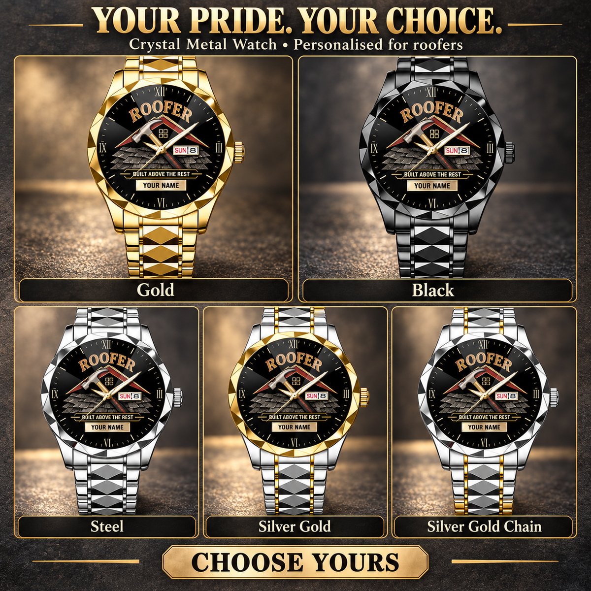 Personalized Roofer Crystal Metal Watch - Faceted Legacy - advertising image