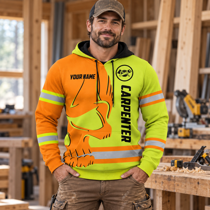 Personalized carpenter hoodie featuring orange yellow skull and stripe print all-over print, worn by a model