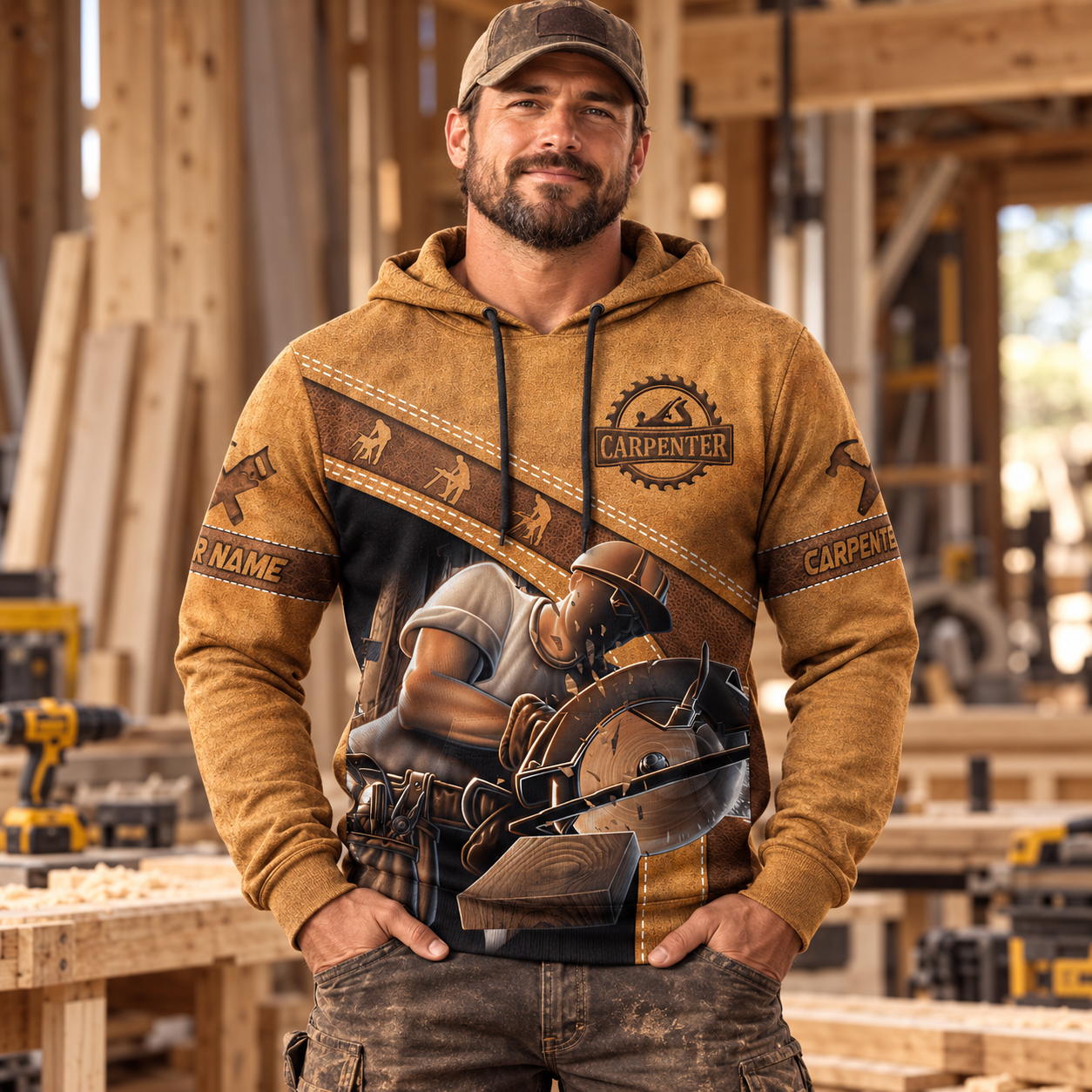 Personalized carpenter hoodie featuring brown leather all-over print, worn by a model