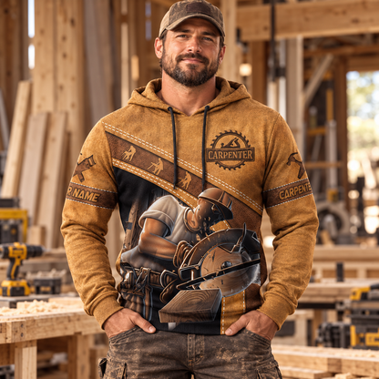Personalized carpenter hoodie featuring brown leather all-over print, worn by a model