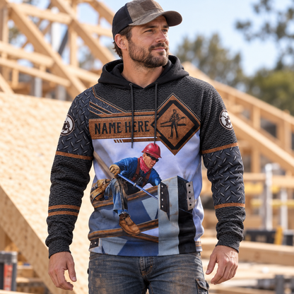 Roofer hoodie featuring brown panel roofer at work all-over print, worn by a model