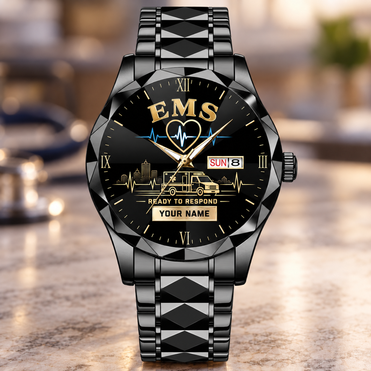 Personalized EMS Crystal Metal Watch - Faceted Legacy - Black