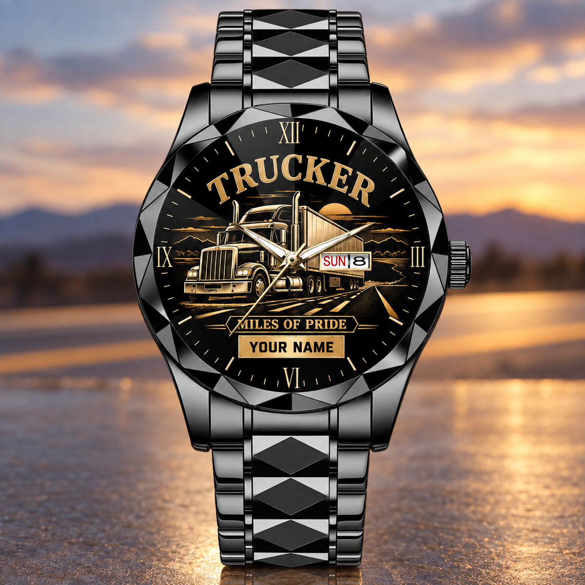Personalized Trucker Crystal Metal Watch - Faceted Legacy - Black