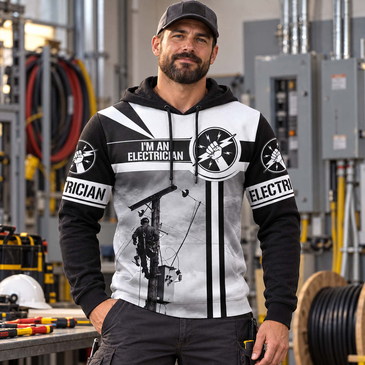 Personalized electrician hoodie featuring black white trade all-over print, worn by a model